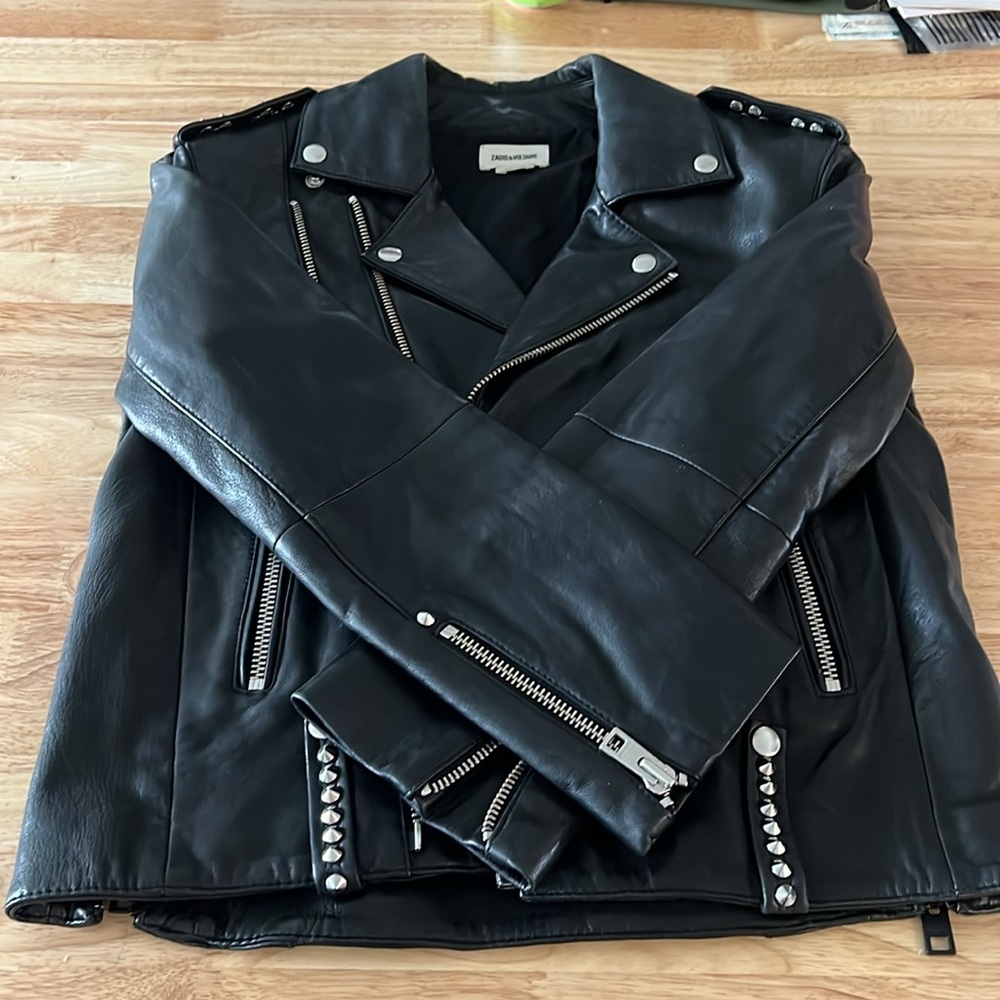 Zadig & Voltaire Studs Lambskin Black Leather Biker Jacket - Size M - Picture 7 of 9